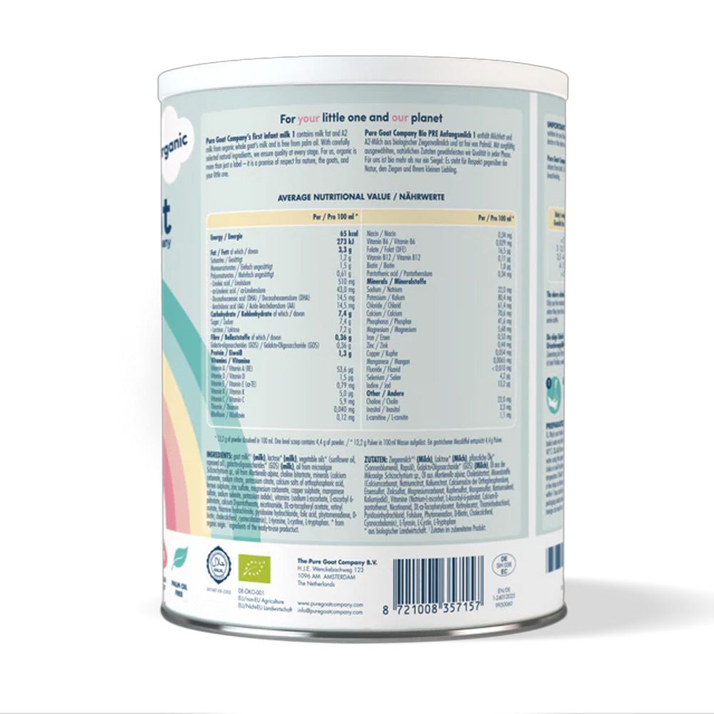 Rückseite der Dose Bio Pre Anfangsmilch 1. Nährwertangaben. Zutatenliste. Marke Pure Goat Company. Bio-Siegel. Barcode.