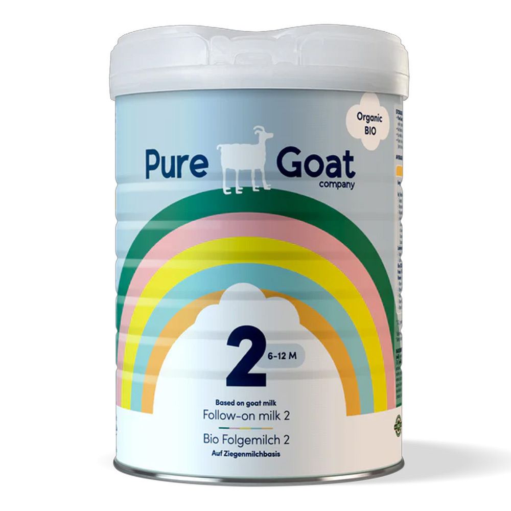 Dose Pure Goat Company Bio Folgemilch 2. Hellblau, mit Regenbogen und Ziege. Aufschrift: 2, 6-12 M, Bio Folgemilch 2.