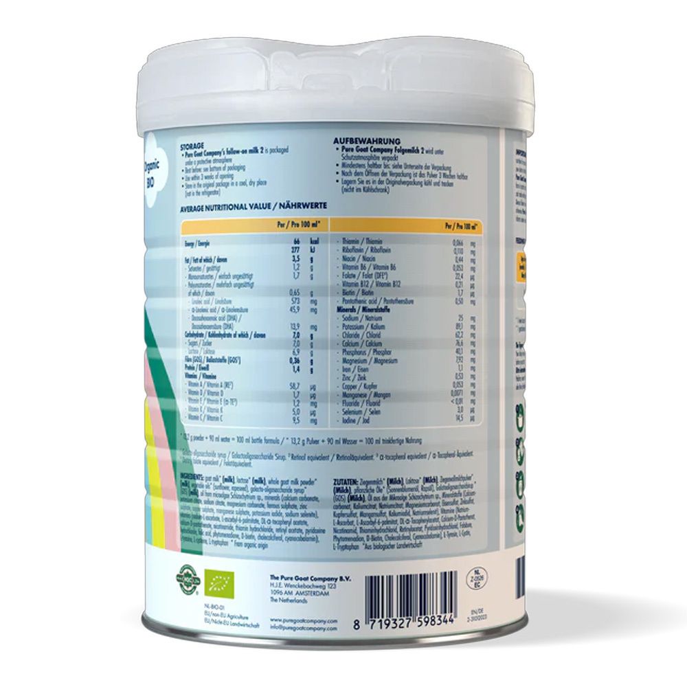 Rückseite der Dose Pure Goat Company Bio Folgemilch 2. Enthält Nährwertangaben und Zutatenlisten. Mit Bio-Siegel.