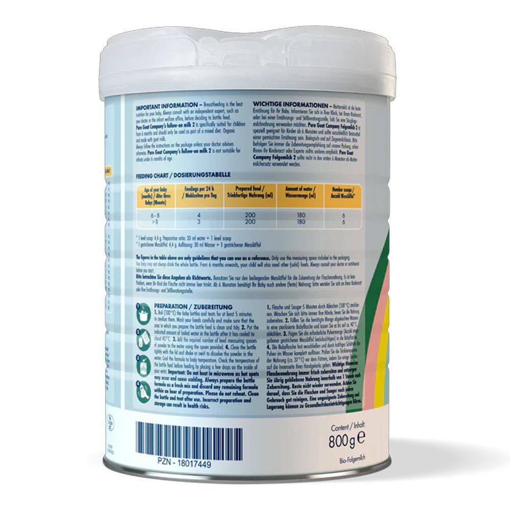 Rückseite der Dose Pure Goat Company Bio Folgemilch 2. Enthält Informationen zur Fütterung und Zubereitung. Mit Bio-Siegel.