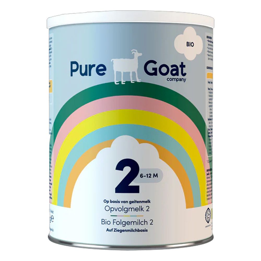 Dose Pure Goat Bio Folgemilch 2. Aufschrift: Pure Goat Company, Bio, 2, 6-12 M. Regenbogen-Design. Ziegen-Silhouette.