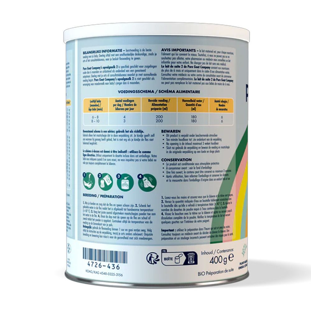 Rückseite der Dose Pure Goat Bio Folgemilch 2. Text in mehreren Sprachen. Enthält Nährwertangaben und Zubereitungshinweise.