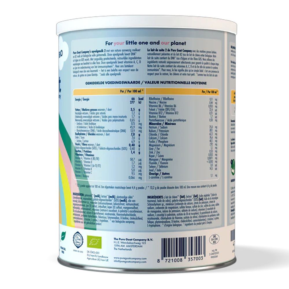 Rückseite der Dose Pure Goat Bio Folgemilch 2. Nährwerttabelle. Text in mehreren Sprachen. Enthält Nährwertangaben.