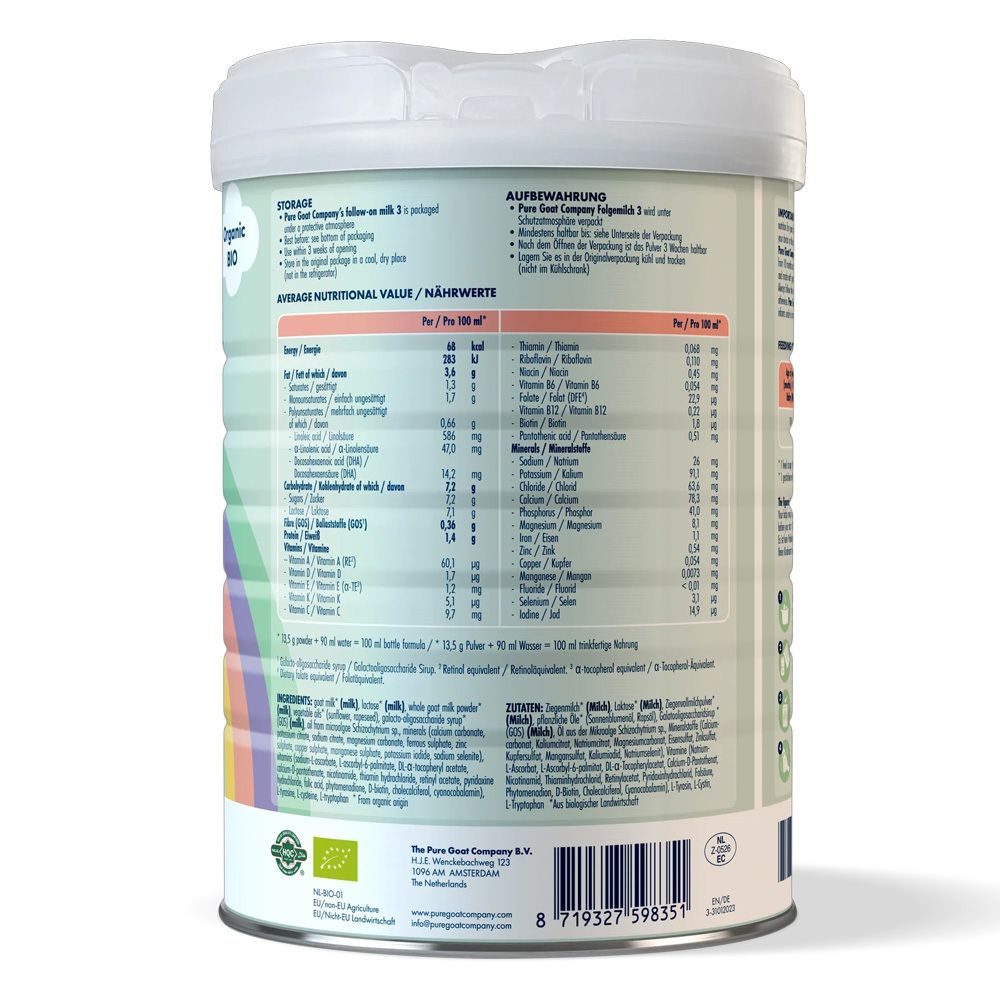 Rückseite der Dose Pure Goat Bio Folgemilch 3. Nährwertangaben und Zutatenliste. Organic BIO-Siegel. Text in Deutsch, Niederländisch, Französisch.