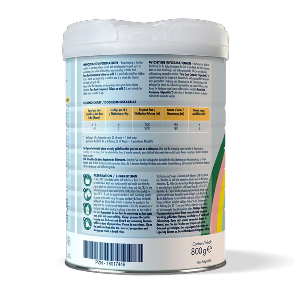 Rückseite der Dose Pure Goat Bio Folgemilch 3. Dosierungstabelle und Zubereitungshinweise. 800g. Organic BIO-Siegel. Text in mehreren Sprachen.