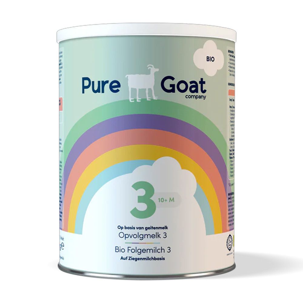 Zylindrische Dose mit Produktaufdruck. Oben: "Pure Goat Company" und Logo. Unten: "3" und "10+ M". Regenbogen-Design.