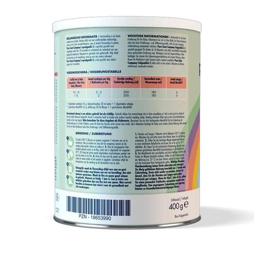 Rückseite der Dose. Text mit Informationen zu Dosierung, Zubereitung und Inhaltsstoffen. Unten: "400 g".