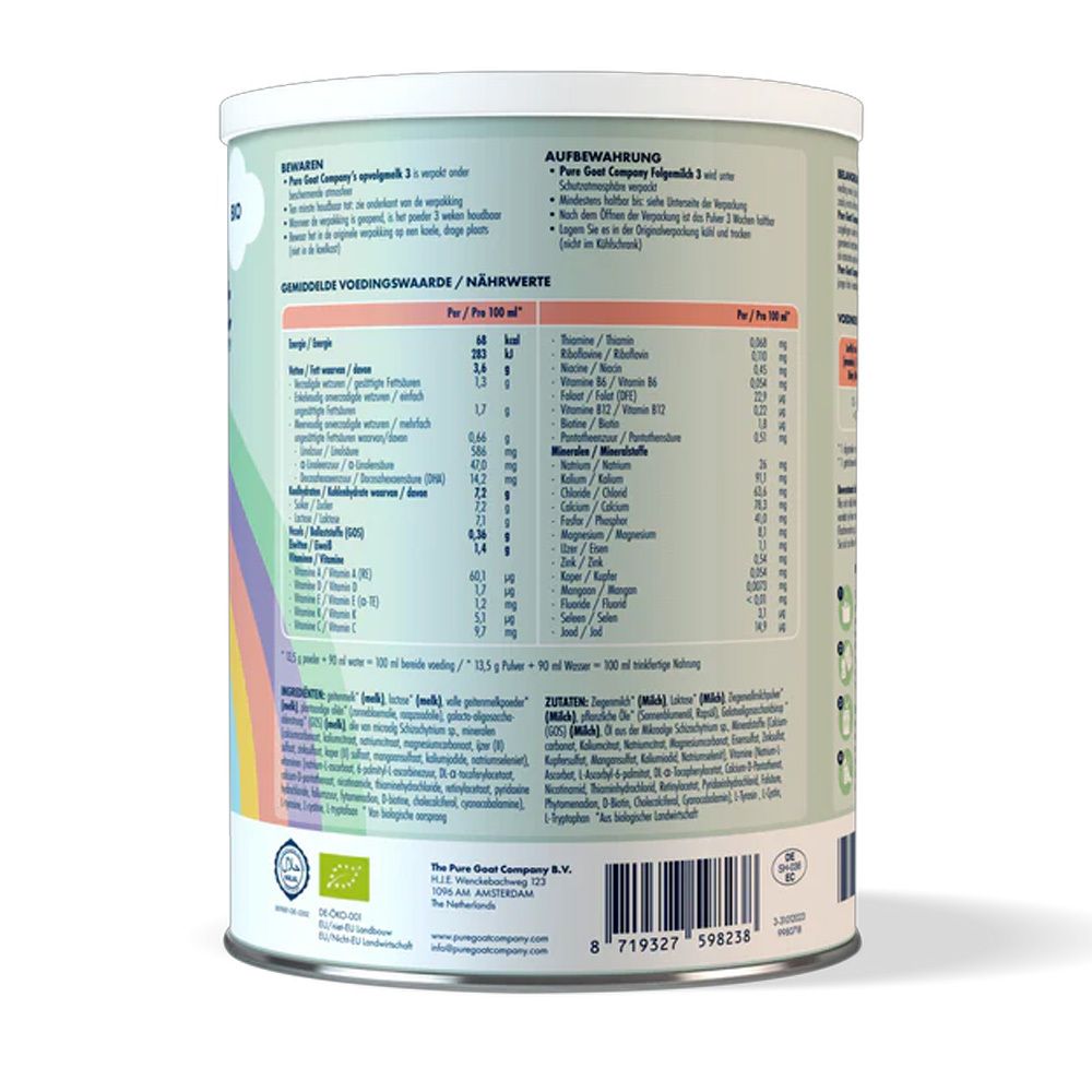 Rückseite der Dose. Text mit Nährwertangaben und Aufbewahrungshinweisen. Unten: Bio-Siegel und Barcode.