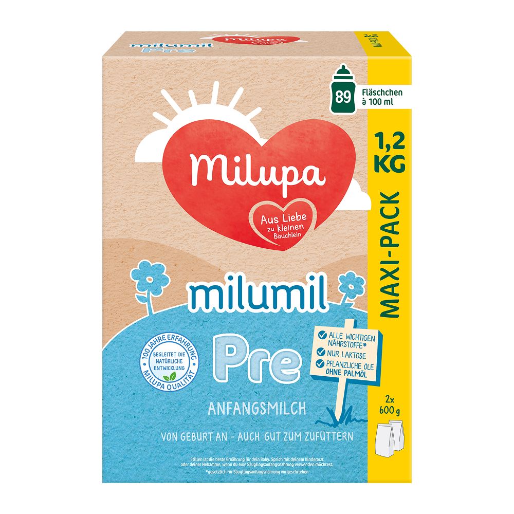 Milupa Milumil Pre Anfangsmilch Maxi-Pack 1,2 kg Karton mit Herz- und Sonnenlogo.