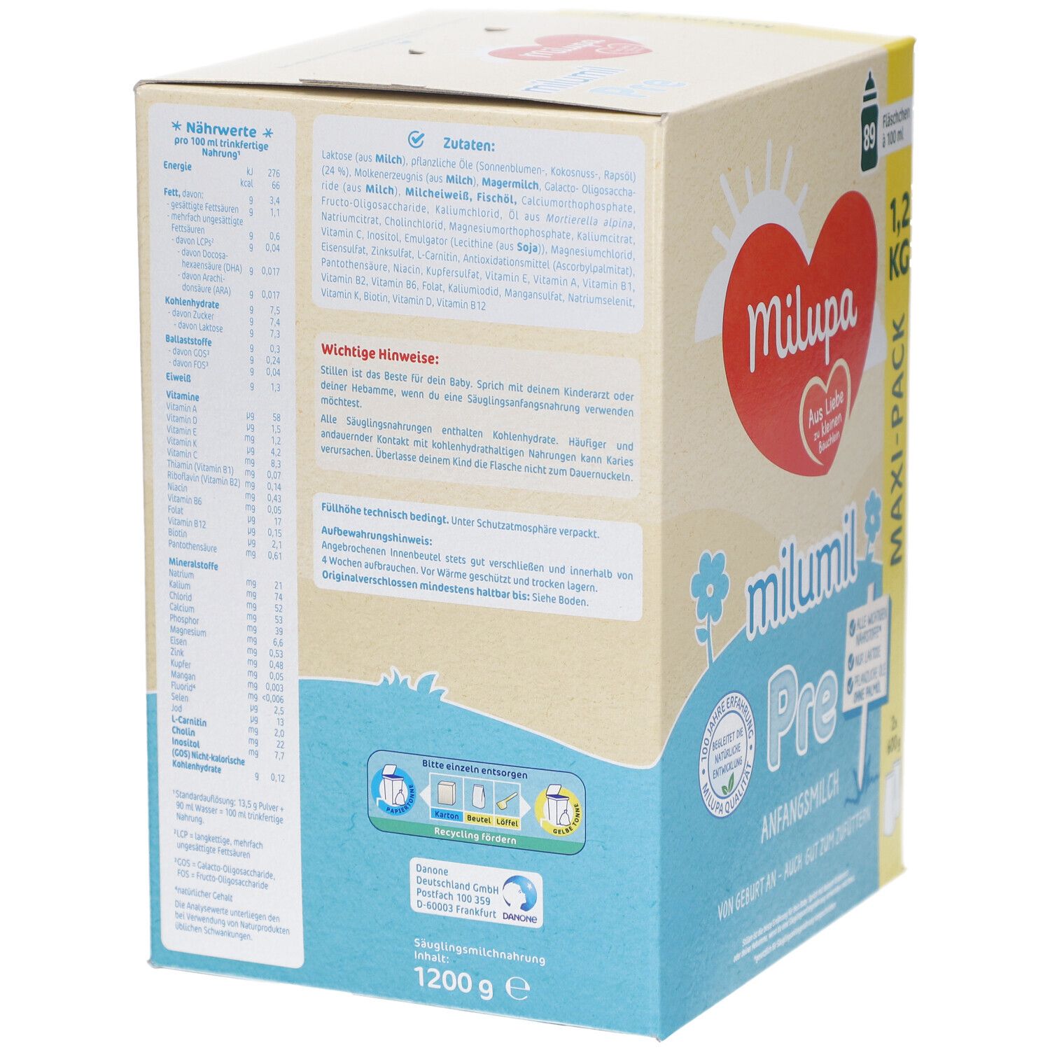 Rückseite der Milupa Milumil Pre 1,2 kg Packung. Enthält Nährwertangaben, Zutaten und wichtige Hinweise. Mit Logo.