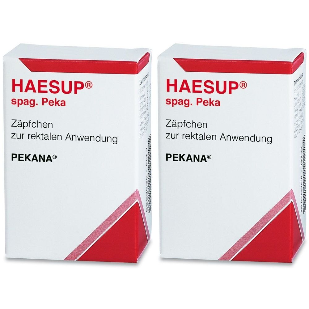 Zwei weiße Schachteln mit roter Oberseite. Aufschrift: HAESUP, Zäpfchen zur rektalen Anwendung. Marke PEKANA.