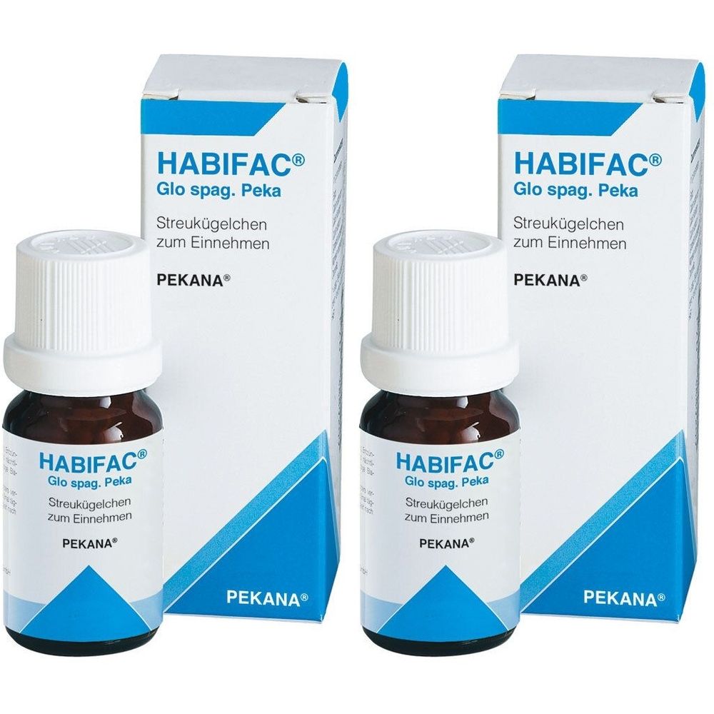 Zwei Fläschchen mit weißen Deckeln und Etiketten. Aufschrift: HABIFAC, Glo spag. Peka, Streukügelchen zum Einnehmen. PEKANA.