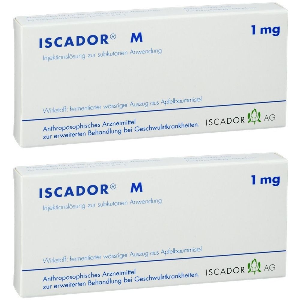 Zwei weiße Kartons mit der Aufschrift ISCADOR® M, 1 mg. Text: Injektionslösung zur subkutanen Anwendung. Anthroposophisches Arzneimittel.