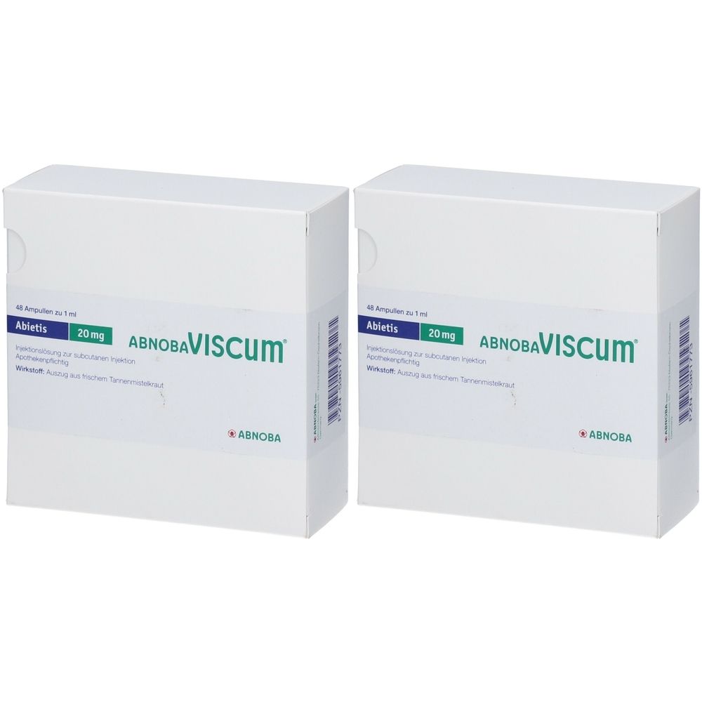 Zwei weiße Kartons mit grüner Aufschrift. Aufschrift: AbnobaViscum, Abietis 20 mg. Logo: Abnoba.