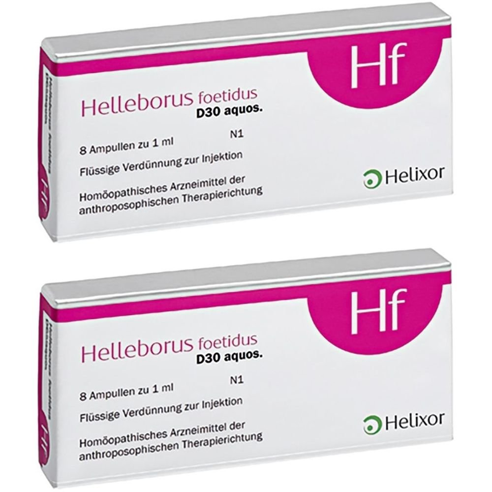 Zwei Schachteln Helleborus foetidus D30 aquos. mit Text und Logo Helixor. Jede Schachtel enthält 8 Ampullen.