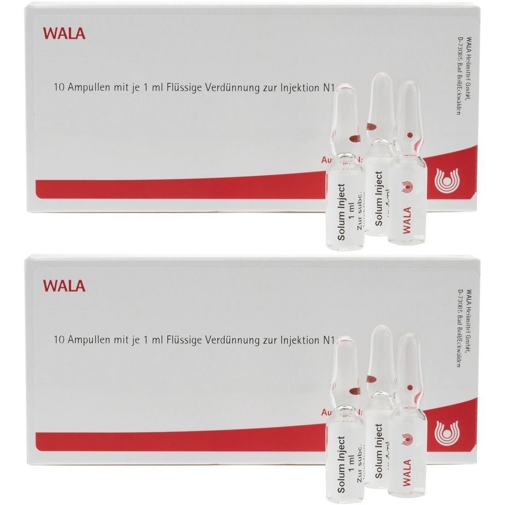 Zwei Packungen mit je 10 Ampullen. Aufschrift: WALA, Solum Inject. Weiße Schachteln mit rotem Streifen.