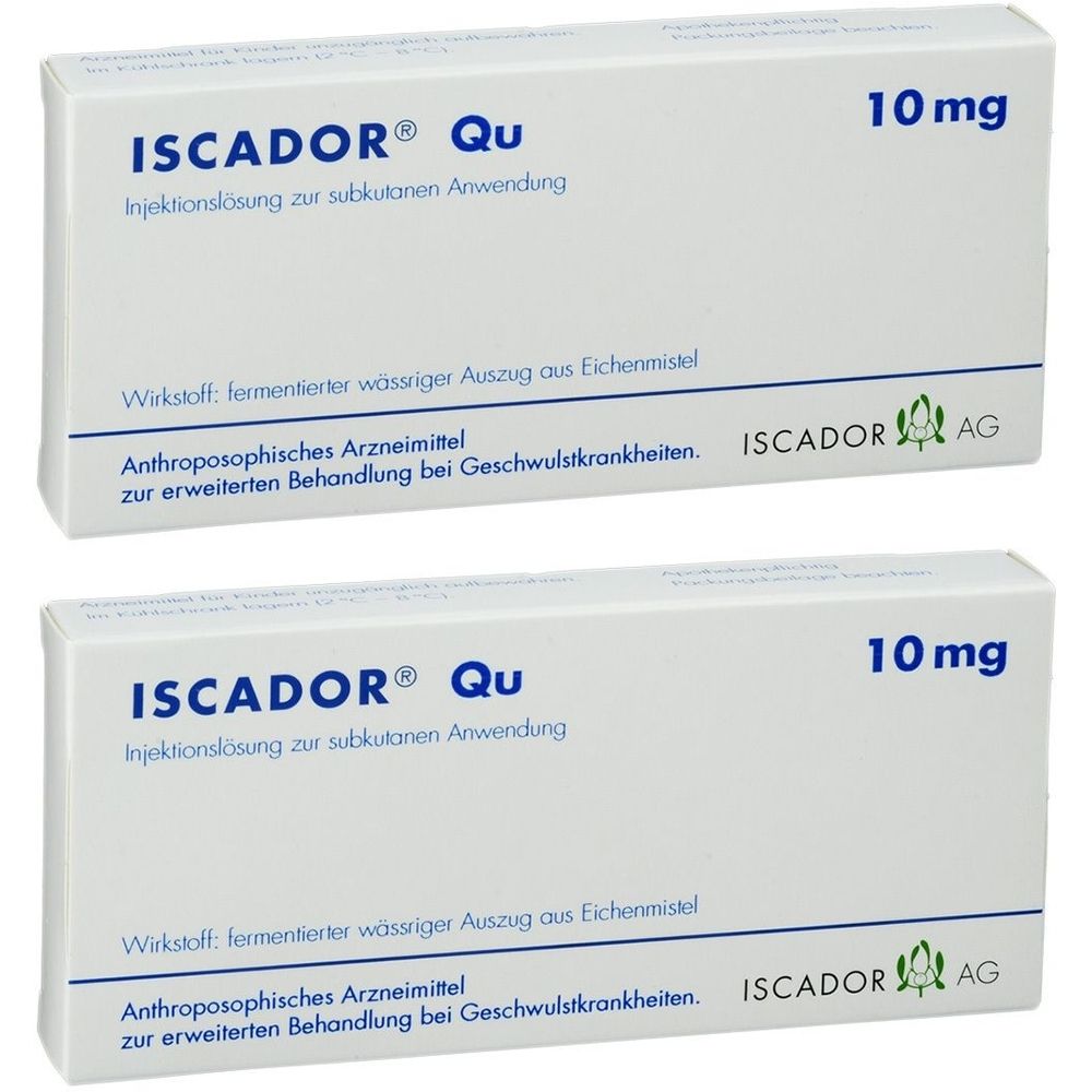 Zwei weiße Schachteln mit der Aufschrift ISCADOR® Qu 10 mg. Text: Injektionslösung zur subkutanen Anwendung. Anthroposophisches Arzneimittel.