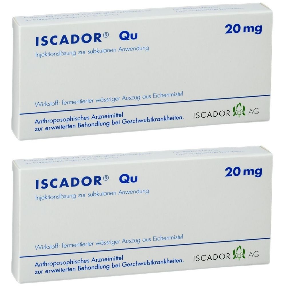 Zwei weiße Kartons mit der Aufschrift ISCADOR® Qu, 20 mg. Text: Injektionslösung, Wirkstoff, Anthroposophisches Arzneimittel.