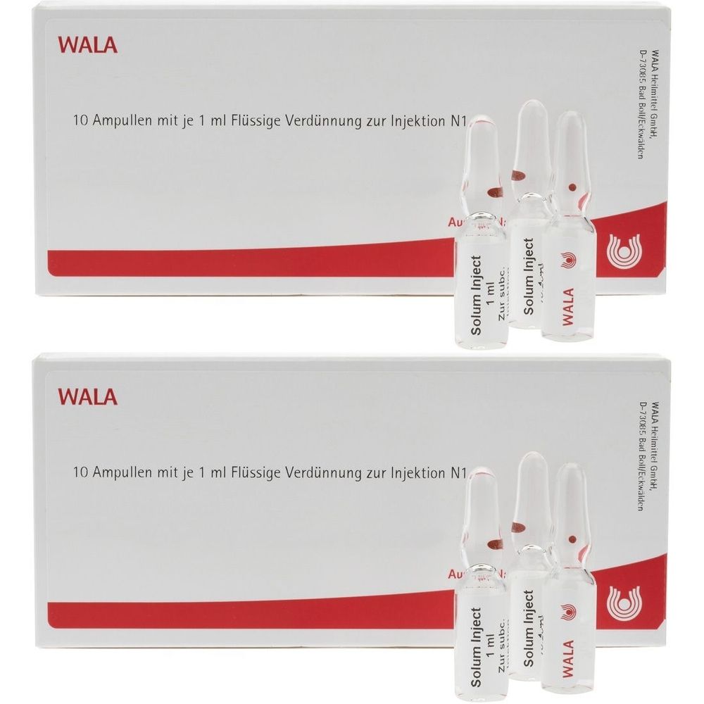 Weiße Schachtel mit rotem Streifen und Ampullen. Beschriftung: WALA, 10 Ampullen, Solum Inject.