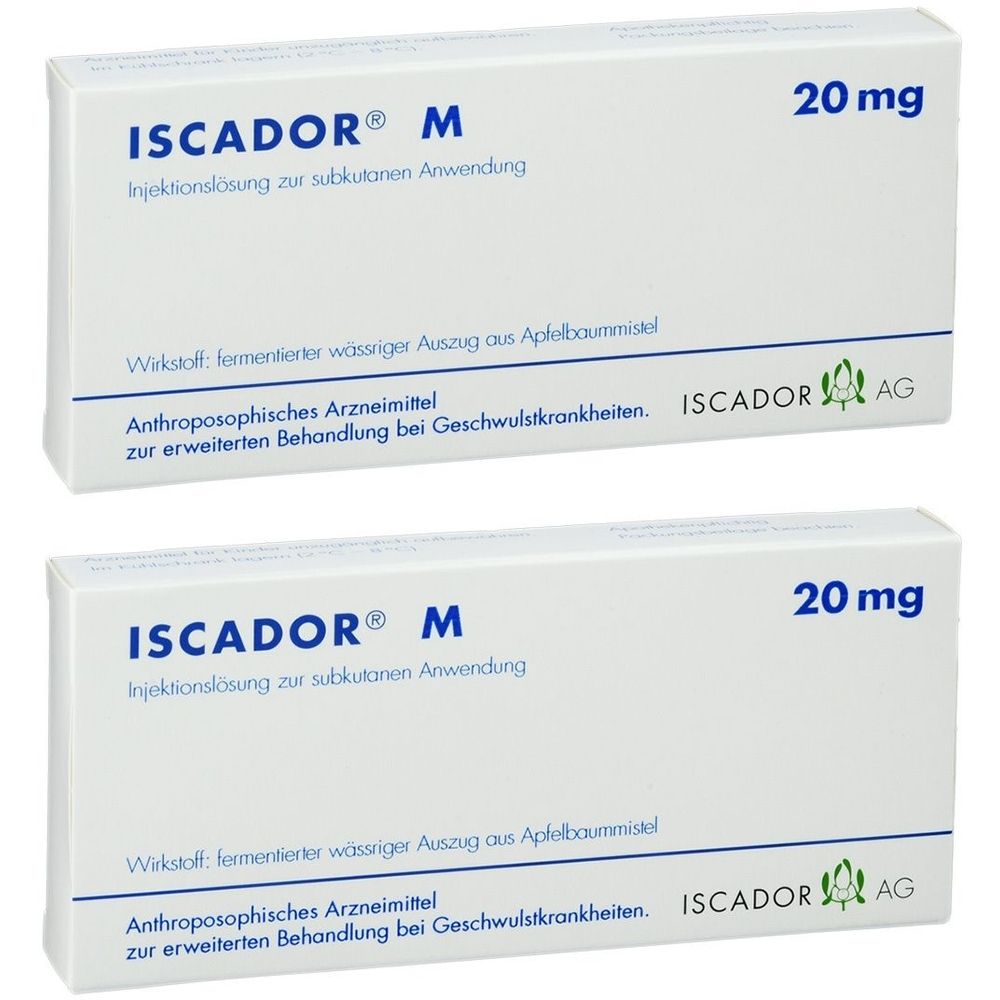 Zwei weiße Schachteln mit der Aufschrift ISCADOR® M, 20 mg. Text: Injektionslösung, Anthroposophisches Arzneimittel. Logo: ISCADOR AG.