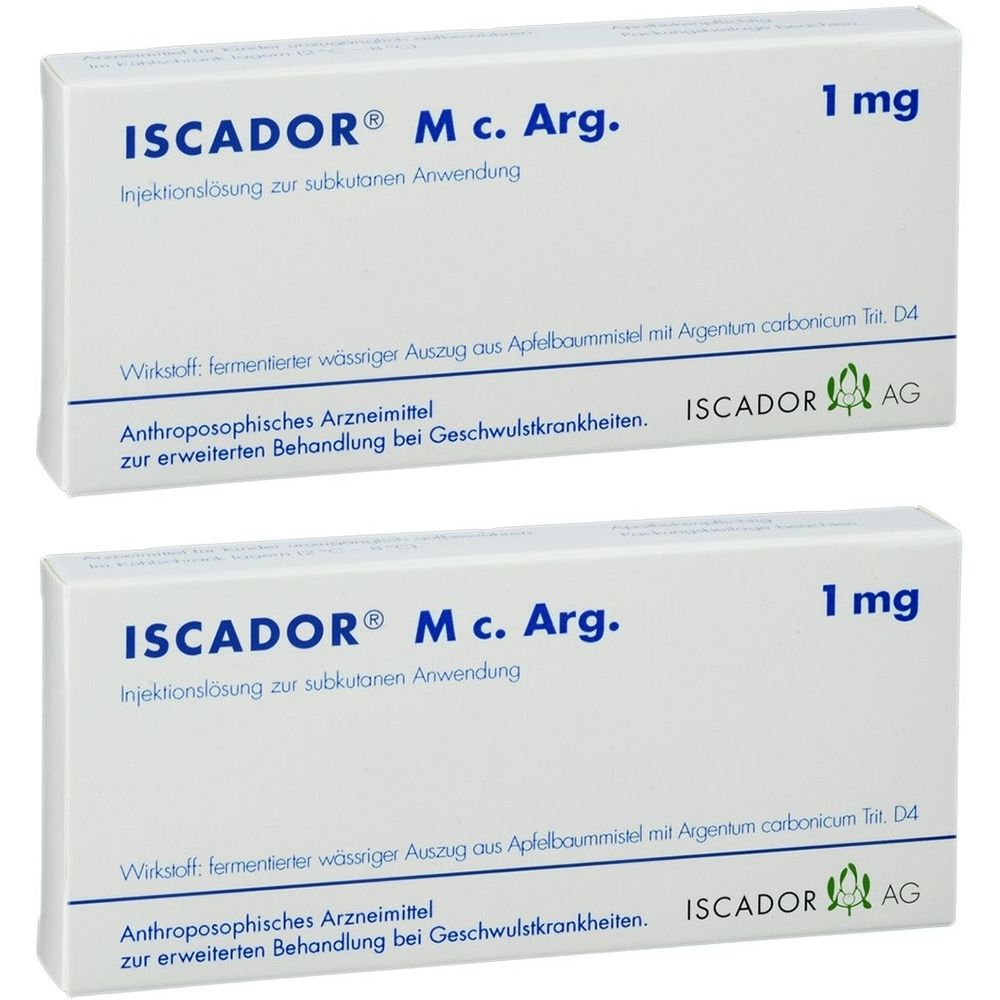 Zwei weiße Schachteln mit der Aufschrift ISCADOR® M c. Arg. 1 mg. Text: Injektionslösung zur subkutanen Anwendung.