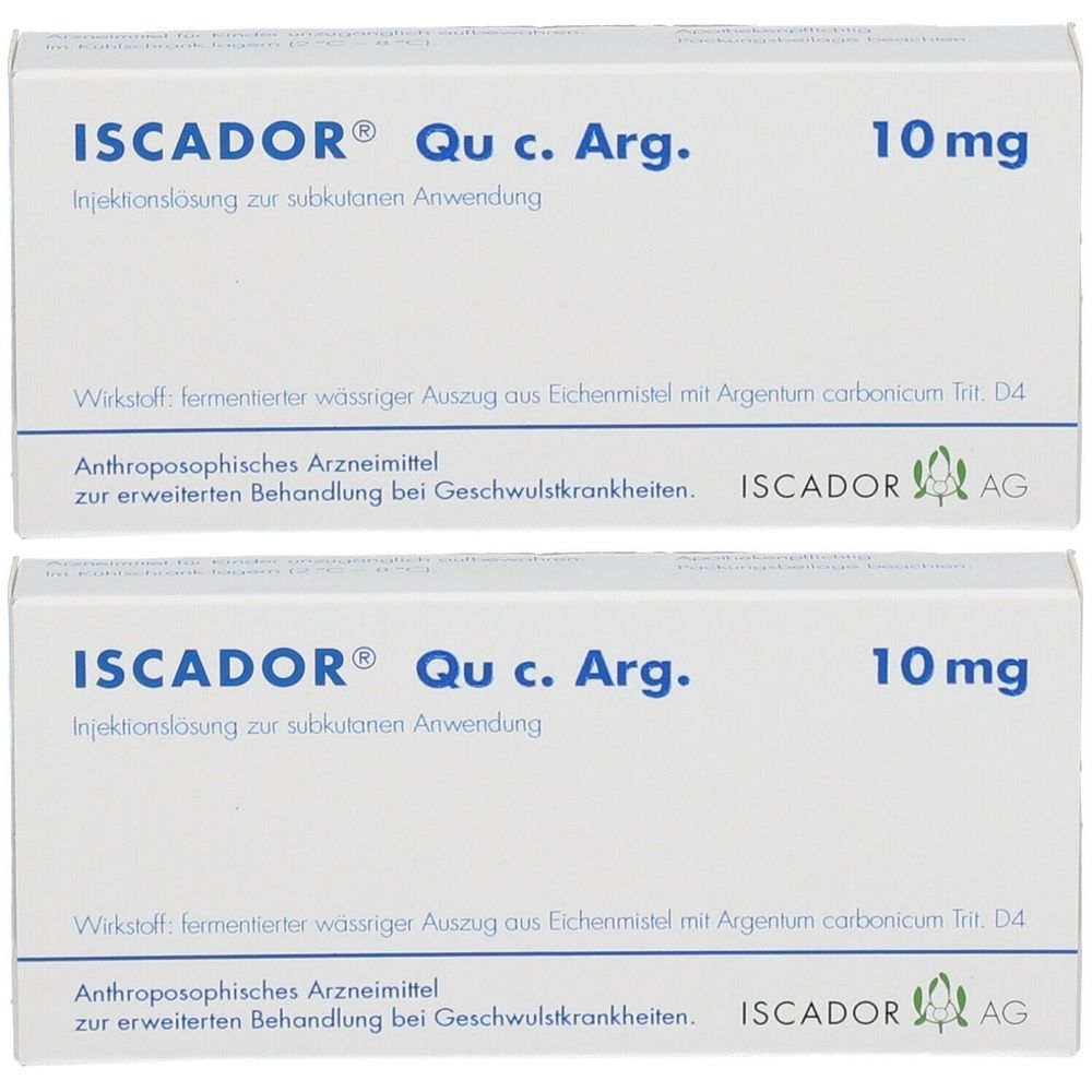 Zwei weiße Schachteln mit der Aufschrift ISCADOR® Qu c. Arg. 10 mg. Injektionslösung zur subkutanen Anwendung. Anthroposophisches Arzneimittel.