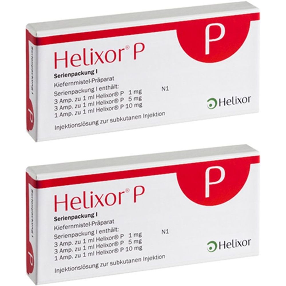 Zwei weiße Kartons mit roter Aufschrift Helixor P. Aufdruck: Injektionslösung. Logo: Helixor.