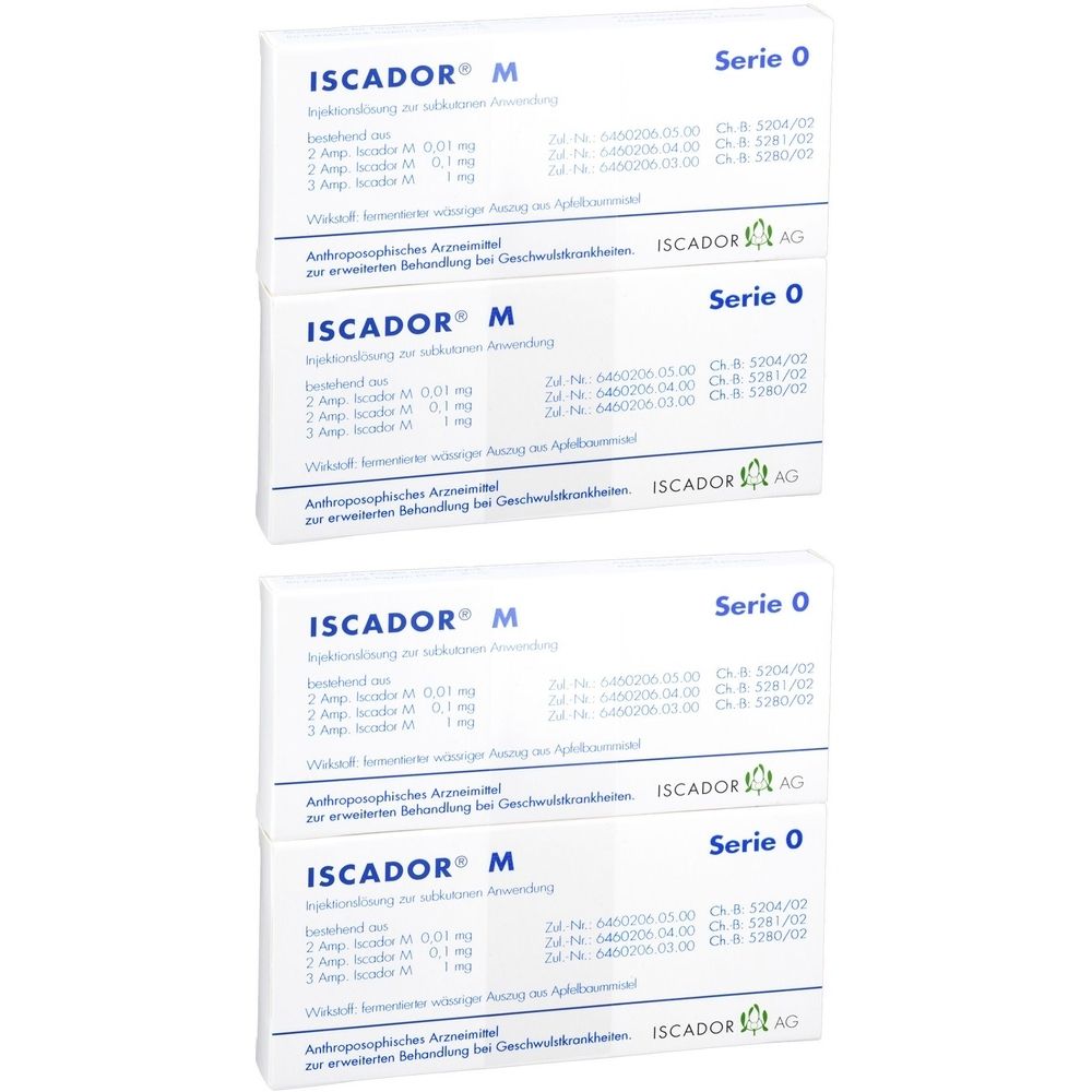 Mehrere Packungen ISCADOR® M Serie 0. Jede Packung enthält Ampullen mit Injektionslösung. Aufdrucke mit Produktinformationen.