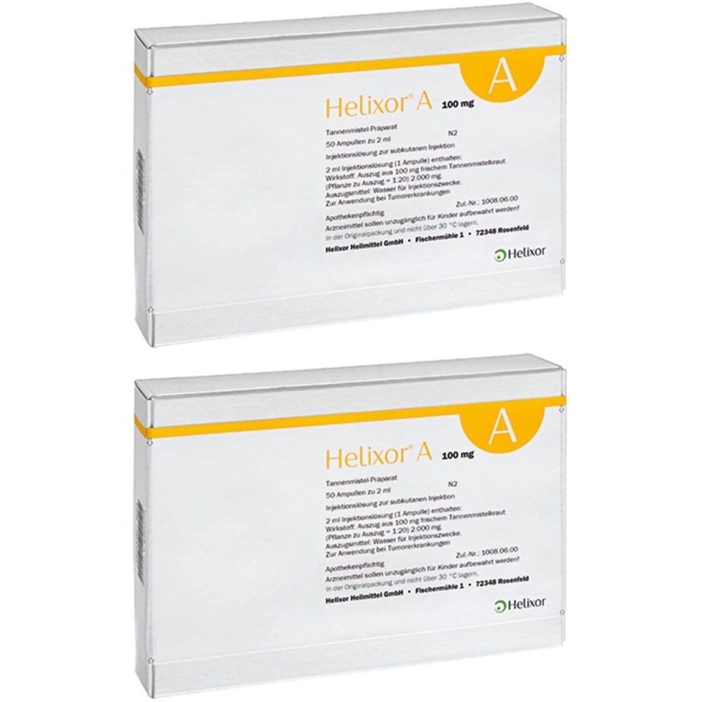 Zwei weiße Kartons mit gelben Akzenten. Aufschrift: Helixor A 100 mg. Text in deutscher Sprache.