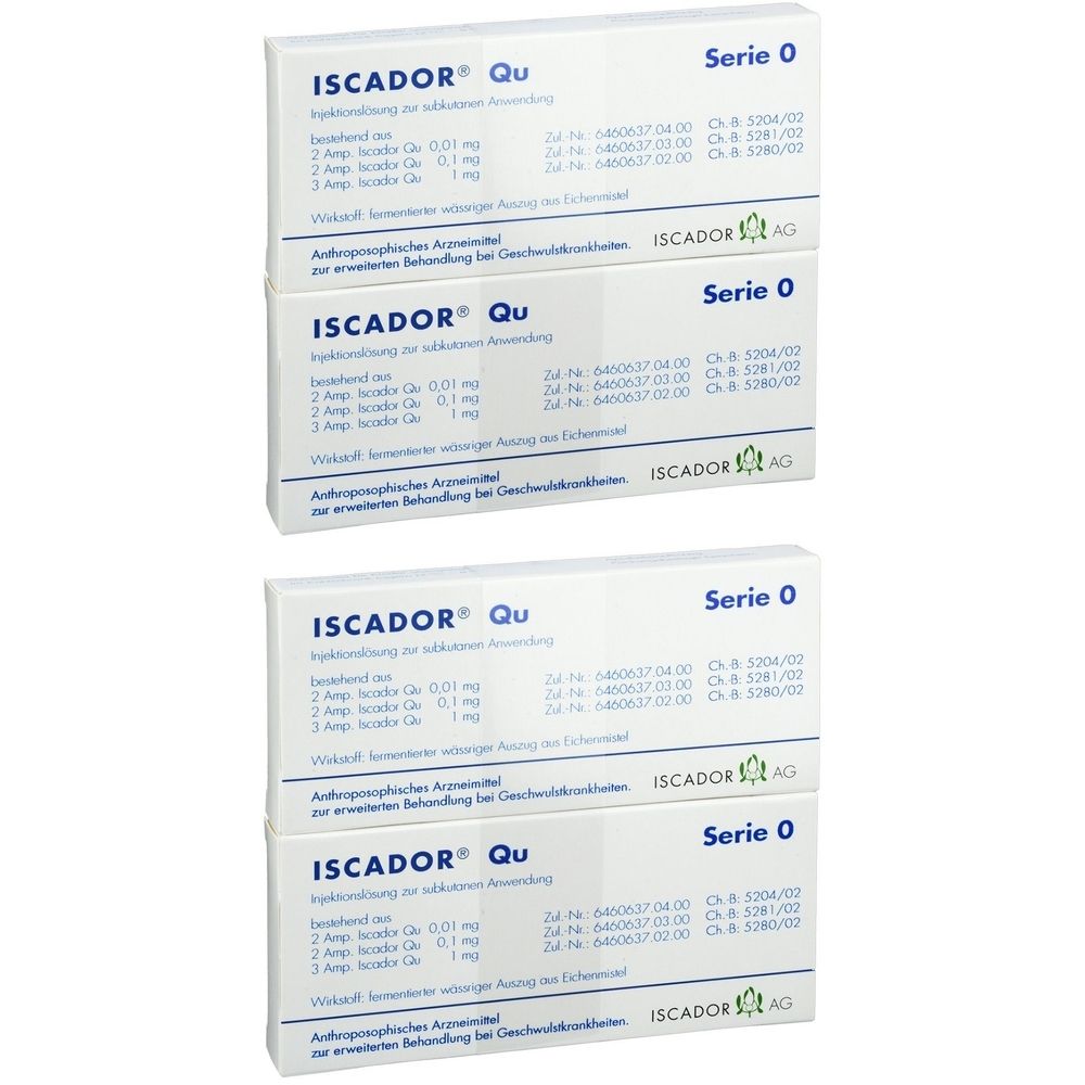 Mehrere Kartons mit der Aufschrift ISCADOR Qu Serie 0. Aufdrucke mit Produktinformationen und dem Logo ISCADOR AG.