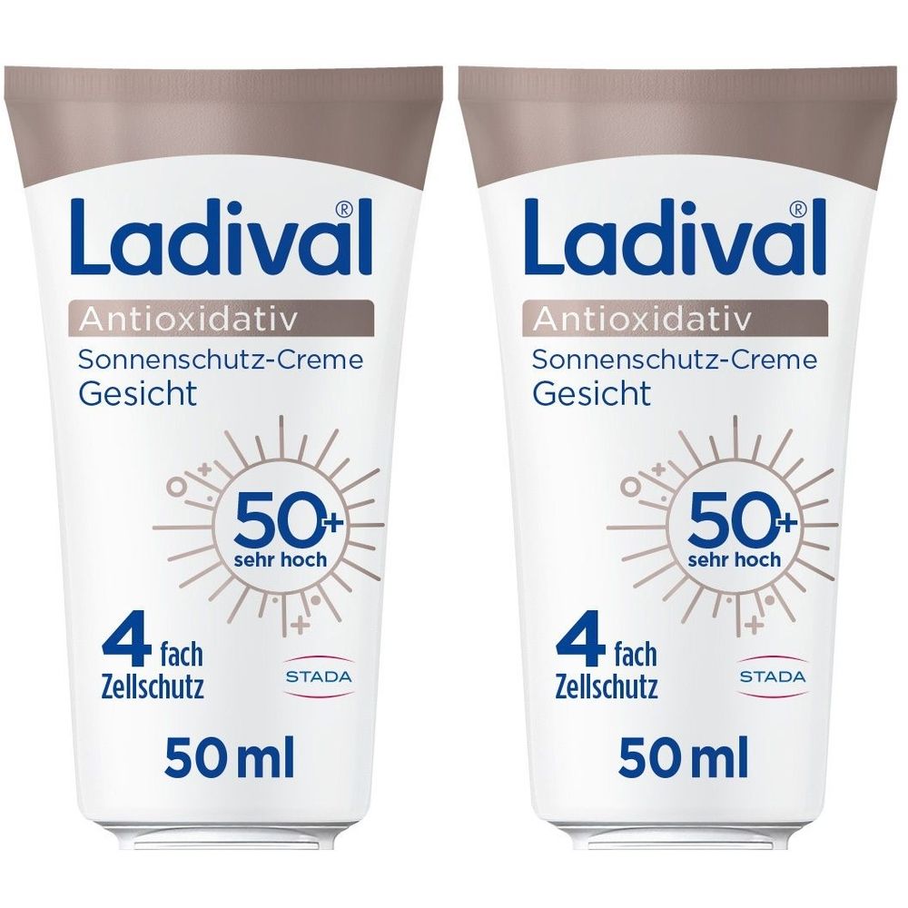 Zwei Tuben Ladival Sonnenschutz-Creme Gesicht LSF 50+. Weiße Tuben mit braunem Deckel. Aufschrift: Antioxidativ, 4-fach Zellschutz, 50 ml.