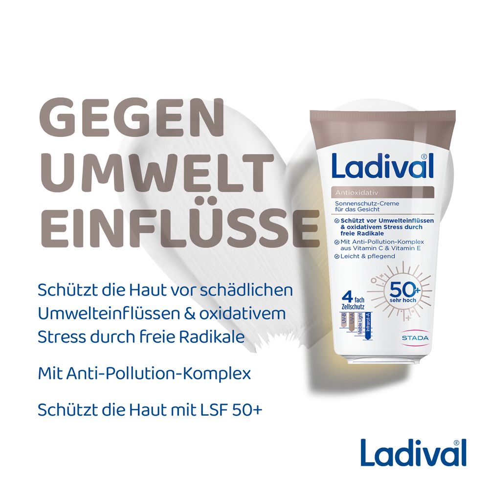 Ladival® Sonnenschutz-Creme Gesicht LSF 50+ mit Text: Gegen Umwelteinflüsse. Anti-Pollution-Komplex.