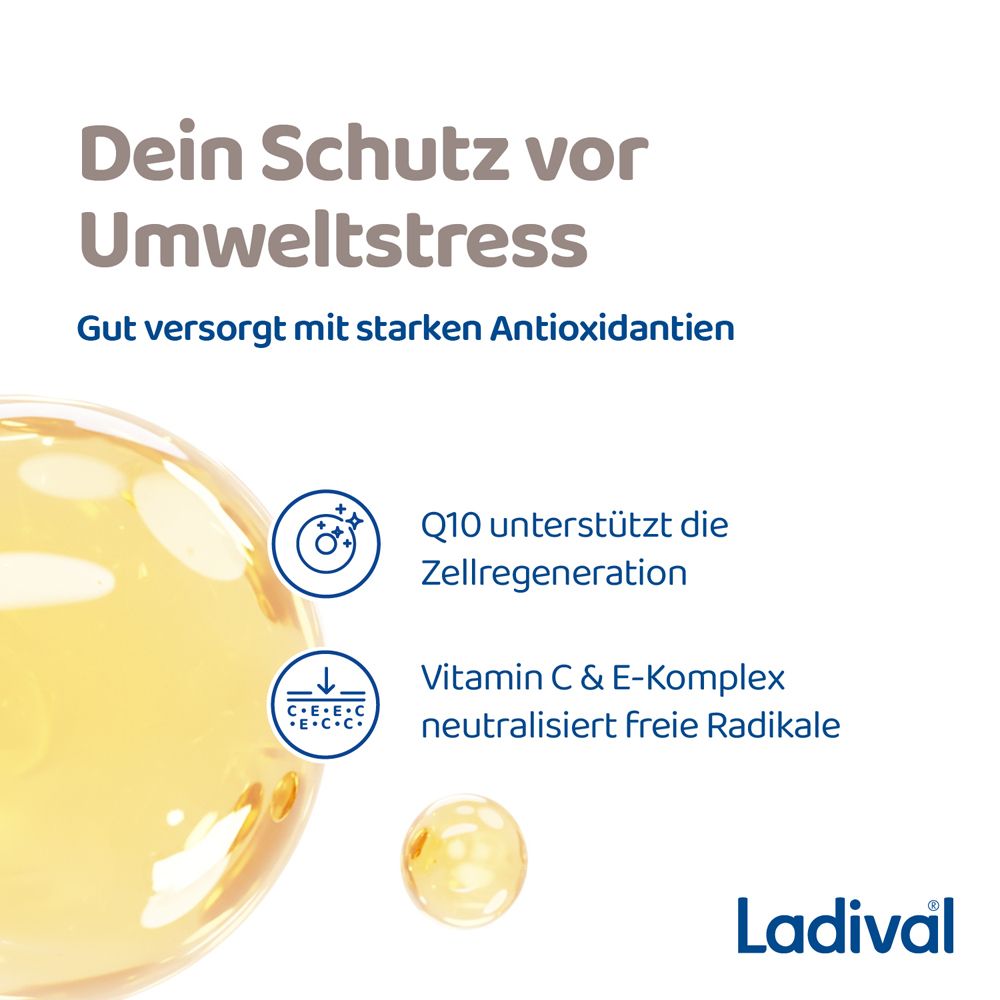 Grafik mit Text: Dein Schutz vor Umweltstress. Q10 unterstützt Zellregeneration. Vitamin C & E neutralisiert freie Radikale.