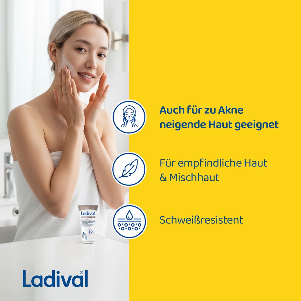 Frau mit Ladival® Sonnenschutz-Creme Gesicht LSF 30. Text: Auch für zu Akne neigende Haut geeignet. Für empfindliche Haut.