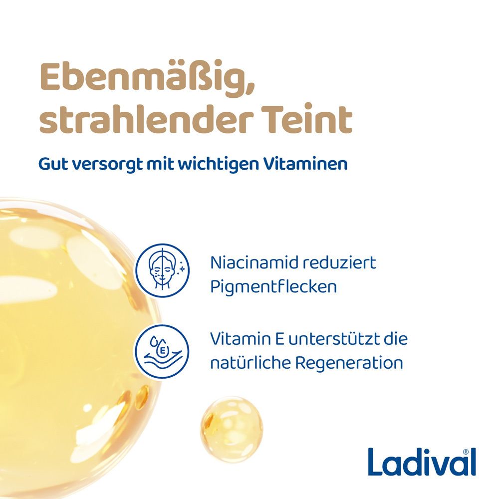 Gelbe Kugel mit Text: Ebenmäßiger, strahlender Teint. Illustrationen von Niacinamid und Vitamin E.