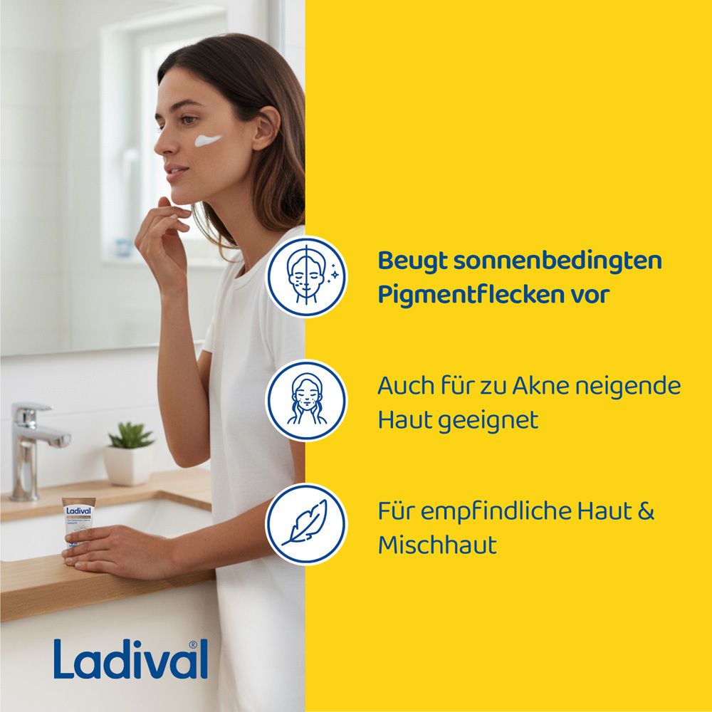 Frau im Badezimmer mit Ladival® Tube. Text: Beugt Pigmentflecken vor. Für Akne-Haut geeignet.