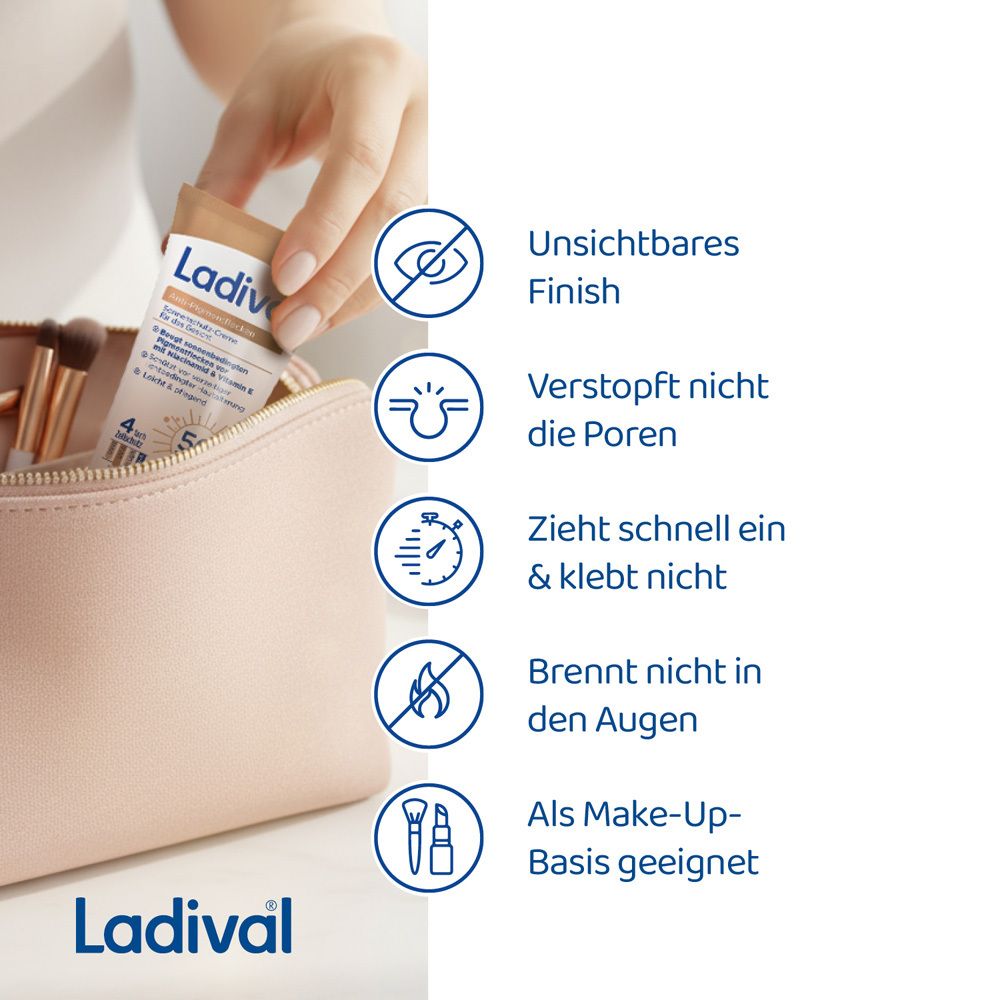 Hand hält Ladival® Tube. Text: Unsichtbares Finish, verstopft nicht die Poren, zieht schnell ein.
