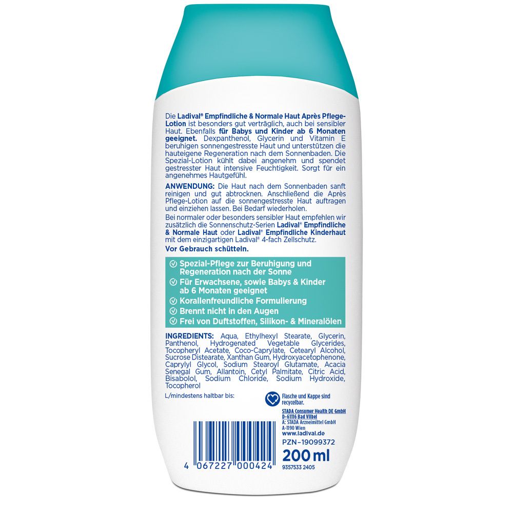 Rückseite einer Ladival Après Pflege-Lotion. Text über Inhaltsstoffe, Anwendung und Vorteile. Enthält 200 ml.