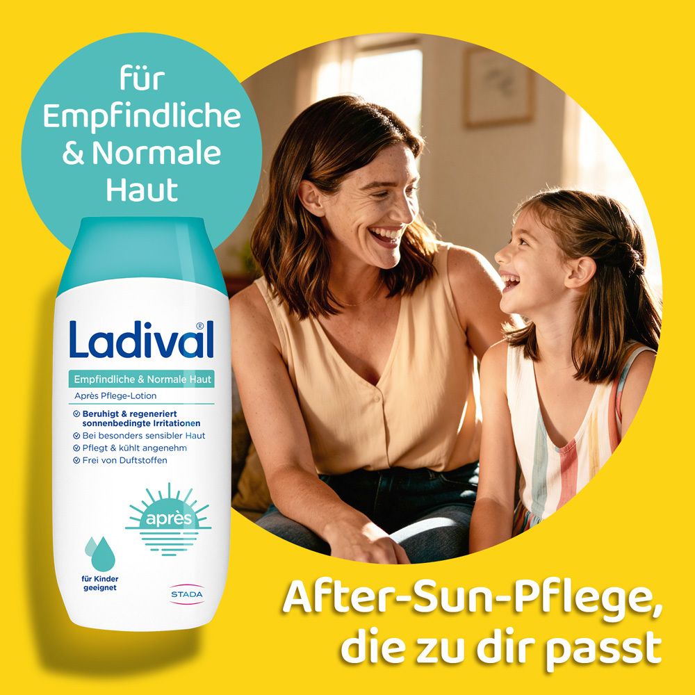 Frau und Kind lachen. Daneben eine Flasche Ladival Après Pflege-Lotion. Gelber Hintergrund mit Text.