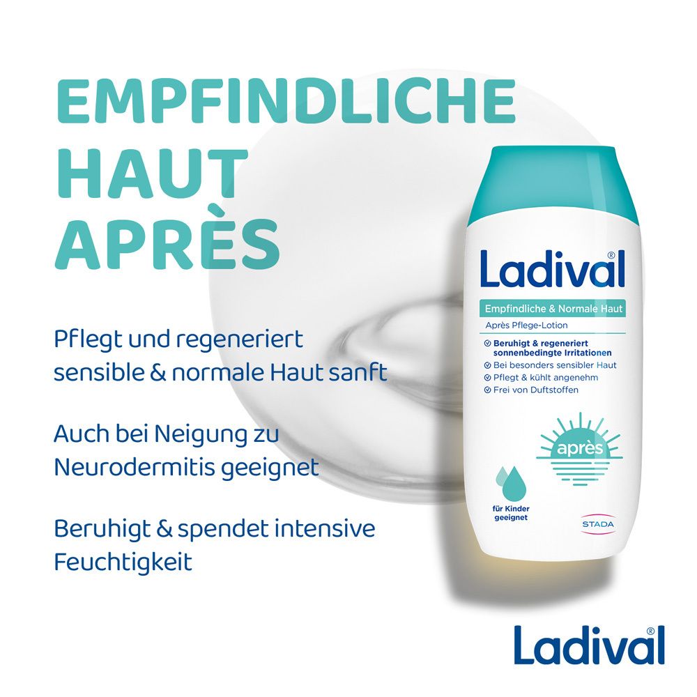Ladival® Après Pflege-Lotion. Flasche neben Text. Pflegt sensible Haut. Geeignet bei Neurodermitis. Spendet Feuchtigkeit.