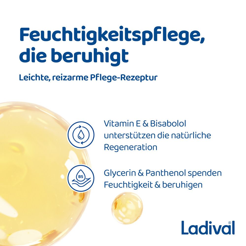 Text mit gelbem Hintergrund. Vitamin E & Bisabolol unterstützen Regeneration. Glycerin & Panthenol spenden Feuchtigkeit.