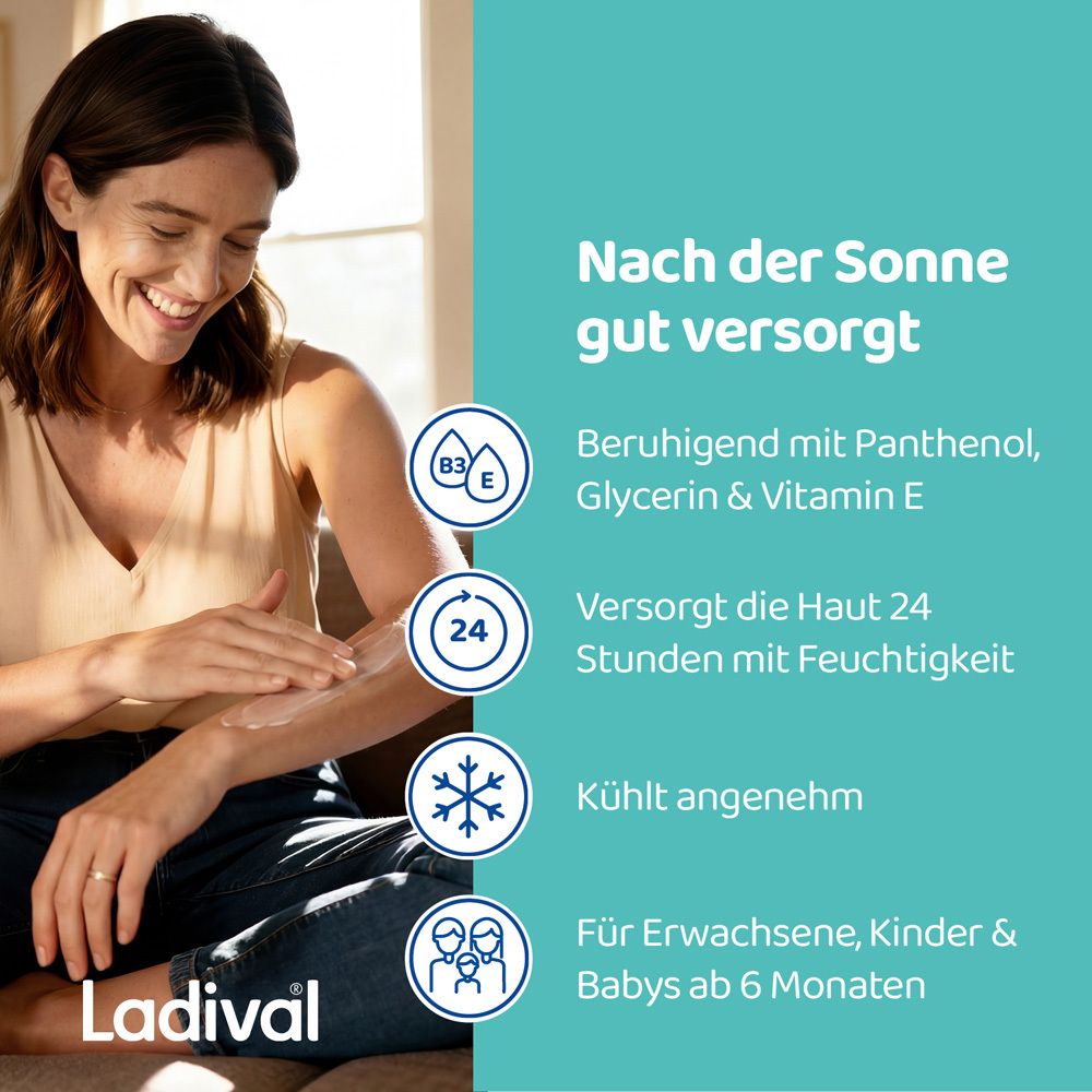 Frau trägt Lotion auf Arm auf. Text: Beruhigend mit Panthenol, Glycerin & Vitamin E. 24 Stunden Feuchtigkeit. Für Babys ab 6 Monaten.