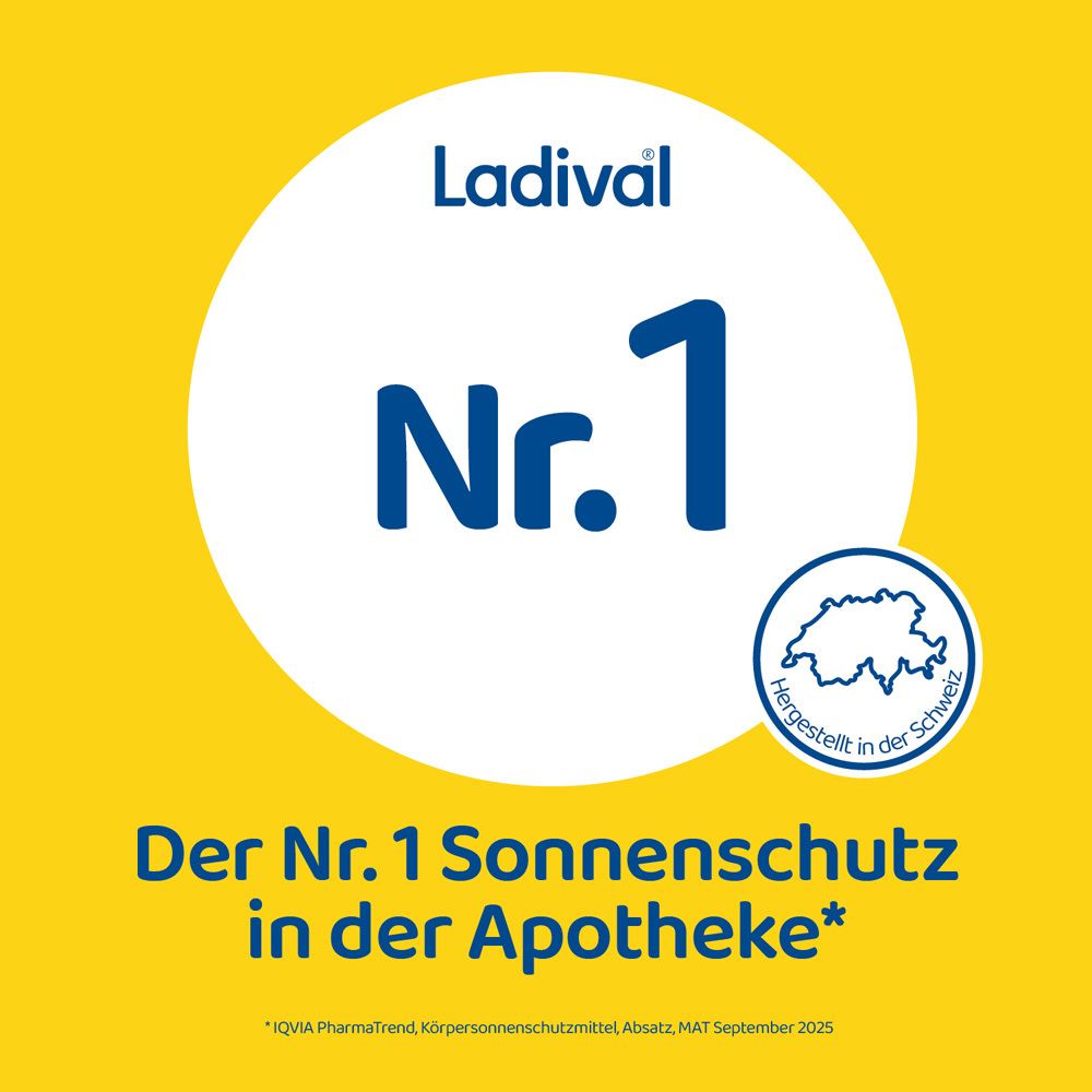 Gelber Hintergrund mit weißem Kreis. Text: Ladival Nr. 1 Sonnenschutz in der Apotheke. Logo Schweiz.