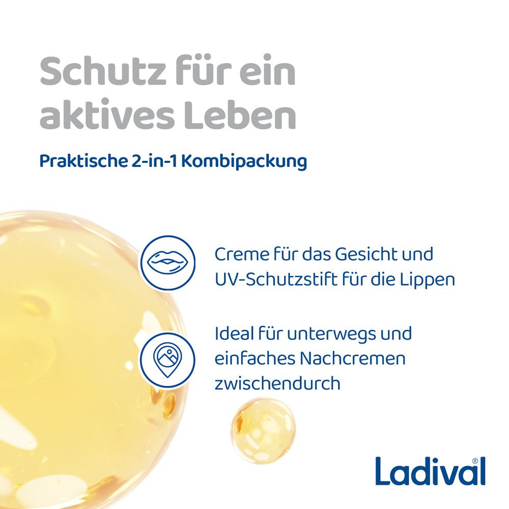 Gelbe Flüssigkeit mit Icons. Text: Praktische 2-in-1 Kombipackung. Creme für Gesicht und UV-Schutzstift für Lippen.