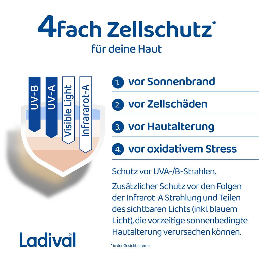 Grafik: 4-fach Zellschutz. UV-B, UV-A, sichtbares Licht, Infrarot-A. Text: Schutz vor Sonnenbrand, Zellschäden etc.