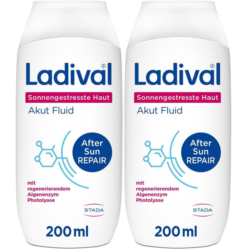 Zwei weiße Flaschen mit blauer und roter Schrift. Aufschrift: Ladival, Sonnengestresste Haut Akut Fluid, After Sun Repair, 200 ml.