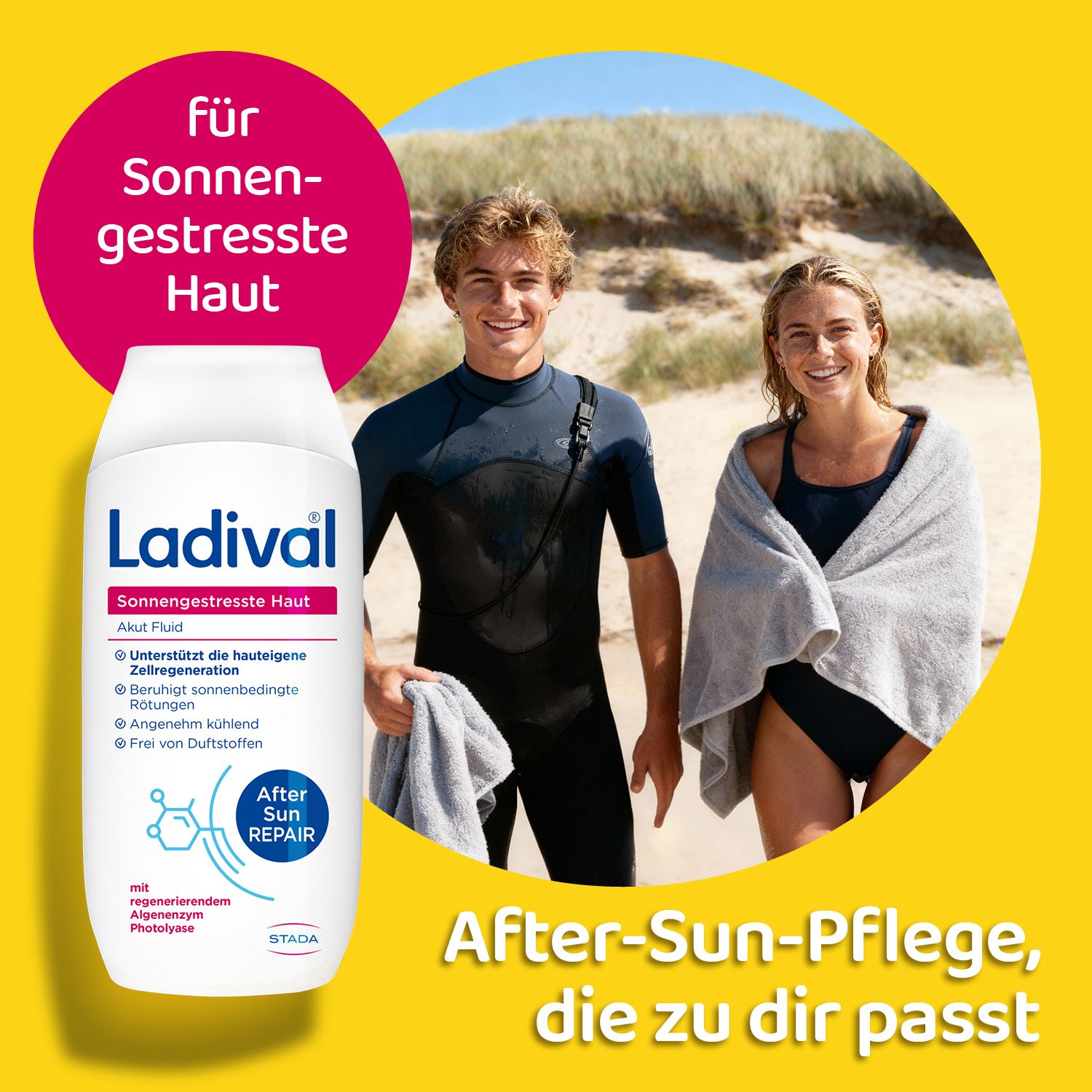 Ladival Akut Fluid mit zwei Personen am Strand. Gelber Hintergrund. Text: After-Sun-Pflege, die zu dir passt.