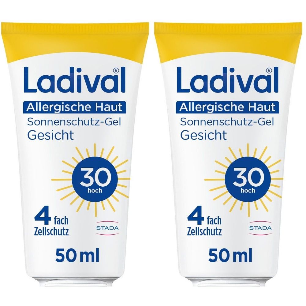 Zwei Tuben Ladival Sonnenschutz-Gel für allergische Haut. Weiß, mit gelbem Deckel. LSF 30, 50 ml. STADA.