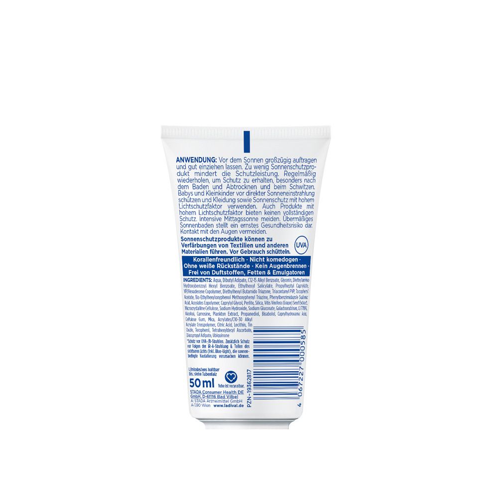 Rückseite einer Tube Ladival® Sonnenschutz-Gel Gesicht. Text: Anwendung, Inhaltsstoffe, 50ml, UV-Schutz-Symbol.