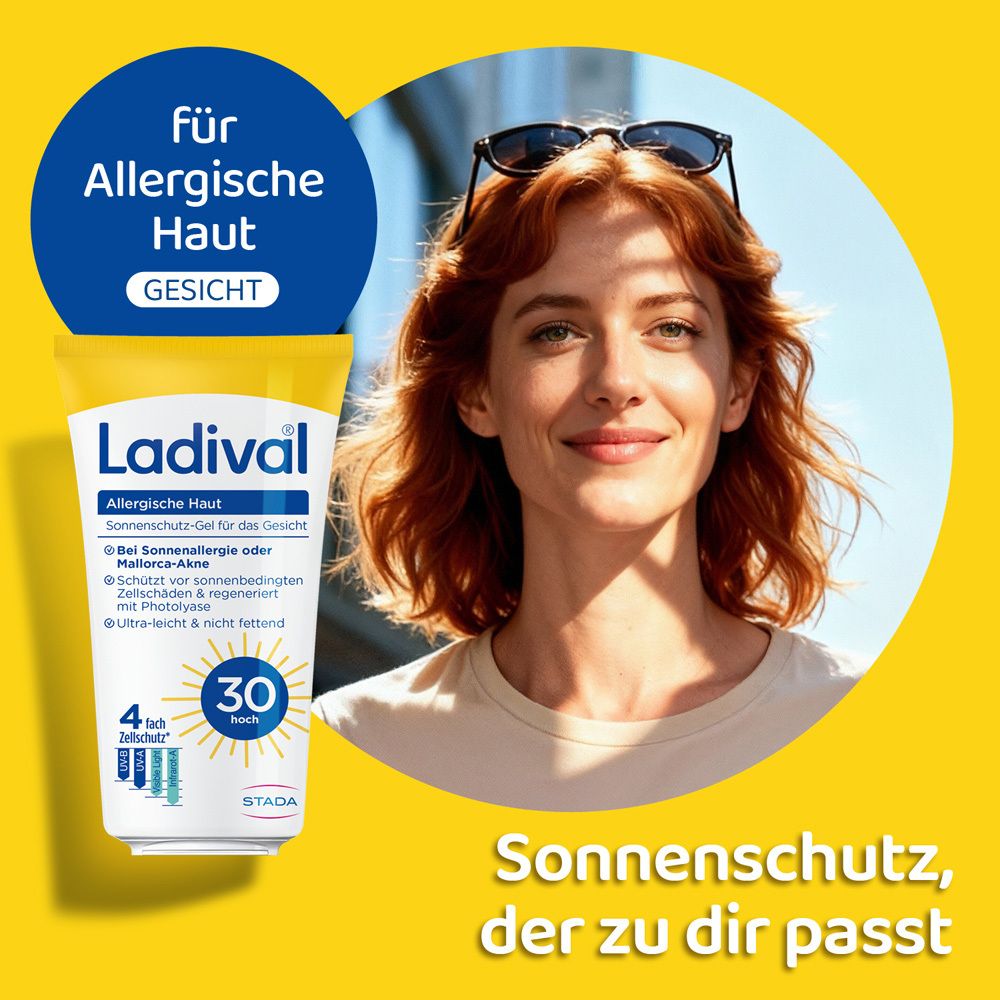 Frau mit Sonnenbrille und Ladival® Sonnenschutz-Gel. Text: Für allergische Haut, Sonnenschutz, der zu dir passt.